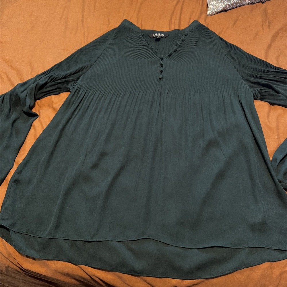 Ralph Lauren Women's Pleated Henley Babydoll Blouse In Dark Green Large